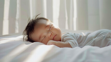 Obraz na płótnie Canvas Aesthetic portrait of Asian newborn baby smiling while sleeping. Light colors, sunlight and shadows. Generative AI