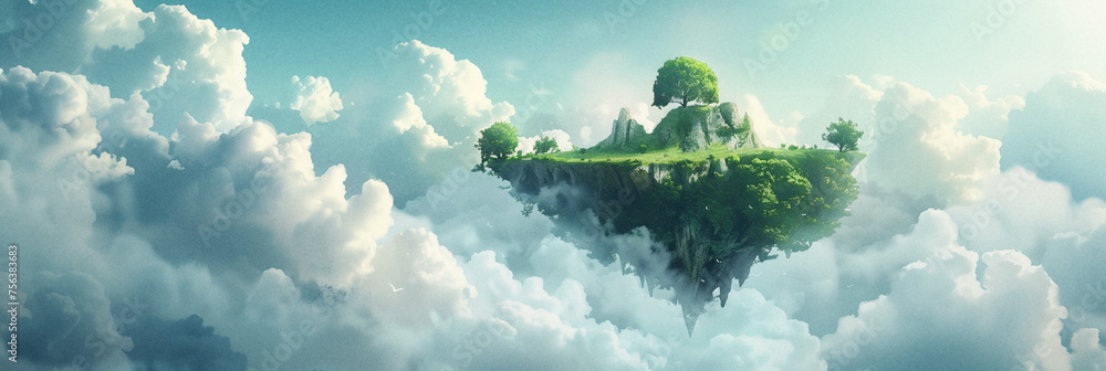 Poster surreal landscape of a floating island with lush greenery and a solitary tree against a serene cloud
