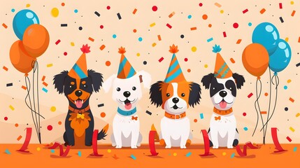 Abstract Dog Party Illustration with Presents and Balloons