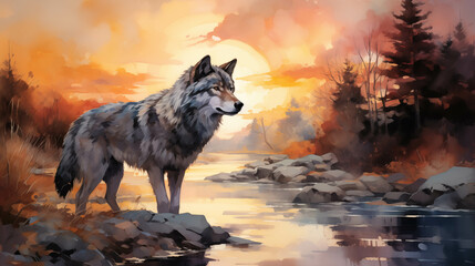 Watercolor painting of a wolf in nature The setting sun shines beautifully.