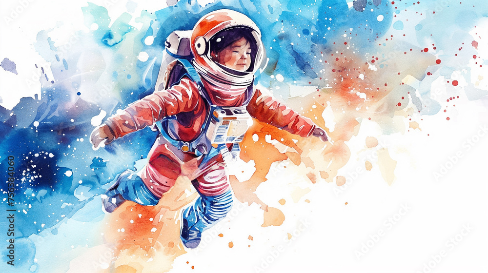 Poster watercolor illustration of a child astronaut floating in a vibrant cosmic background suitable for im
