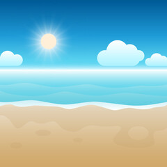 Fototapeta na wymiar Beautiful resort sunny tropical beach. Calm, peaceful view of the sea, sky, clouds. Background, backdrop, wallpaper. Concept of relaxation on a paradise beach. Warm sand. Vector cartoon illustration