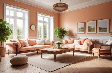 retro styled living room, very airy and spacious, in white and pink/peach shades, big windows, fresh plants