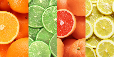 Citrus fruits. Fresh oranges, limes, grapefruits and lemons, top view
