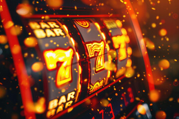 winning at the casino, jackpot, three sevens, abstract background for slot machines with golden bokeh and coins, for a black and red banner