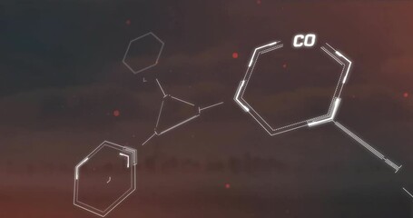 Animation of data processing and chemical formula over cityscape - Powered by Adobe