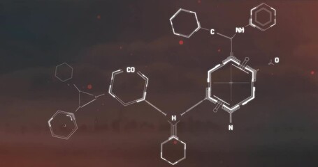 Animation of data processing and chemical formula over cityscape - Powered by Adobe