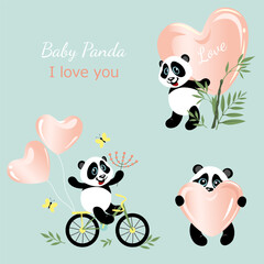 Collection of cute loving pandas with hearts.