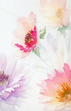 Pastel water color spring flowers on white background, abstract paint