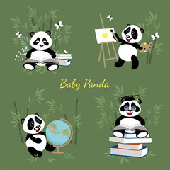 Collection of little cute pandas.