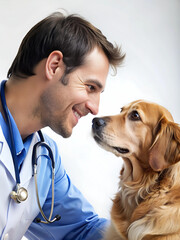 The veterinarian and the dog look into each other's eyes. Close-up.