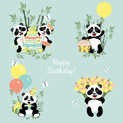 Collection of little pandas. Happy birthday.