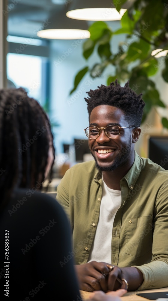 Sticker Smiling man and woman having conversation in office