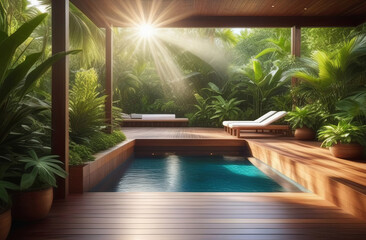 luxury spa and swimming pool, countryside villa, wooden deck with a pool in tropics
