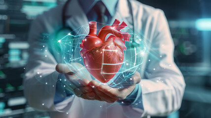 A doctor is holding a glowing, holographic heart, digital health concept.