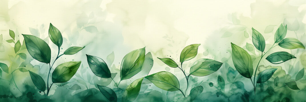 Fototapeta Elegant watercolor leaf design on soft green background with ample copy space, ideal for environmentally themed graphics or spring promotions