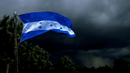 Honduras flag for national holiday on dark storm clouds - abstract 3D rendering