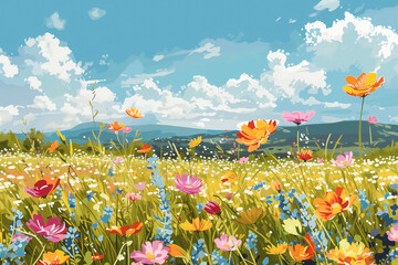 Illustration of a vibrant wildflower meadow with colorful blossoms and a scenic blue sky, suitable for springtime backgrounds or nature-themed designs with copy space