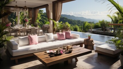 Modern villa with infinity pool and amazing jungle views - obrazy, fototapety, plakaty