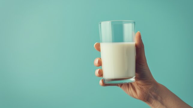Side view of hand holding milk glass isolated on pastel background with space for text