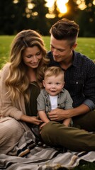 An illustration of a family sitting on a blanket in the park