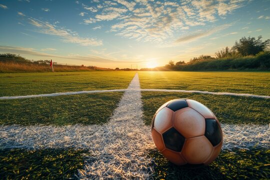 A soccer ball sits on the white lines of a soccer field at sunset