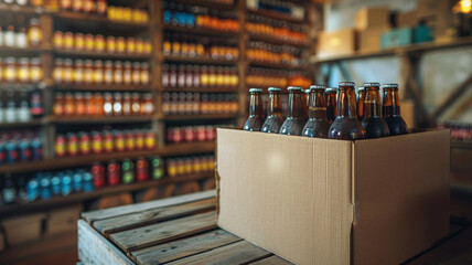 Boxes of bottled craft beer ready for sale at a warmly lit artisanal shop.