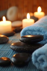Black stones and burning candles on a bamboo mat