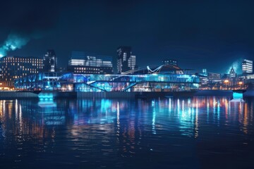 Obraz premium architecture concept on a lighted waterfront in a city at night