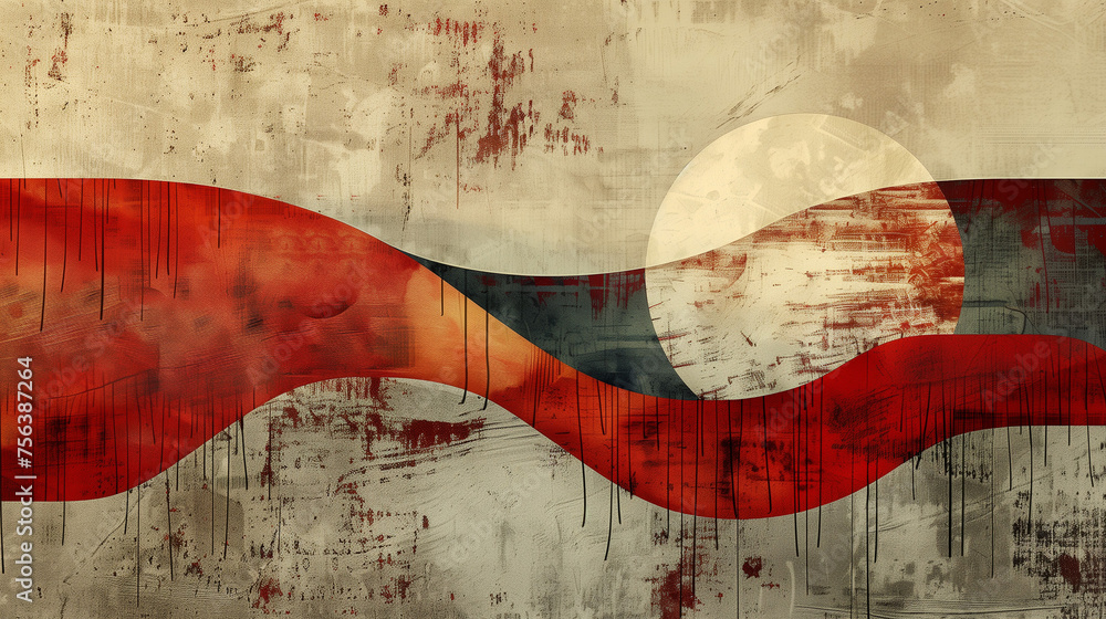 Aufkleber abstract grunge background with red and beige wave design and faded circular patterns, ideal for mod