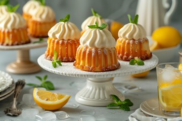 caneles cupcake with buttercream on a white cake plate on table with mint leaves and lemon cocktail. French dessert. Concept restaurant menu, culinary blog, social media. 