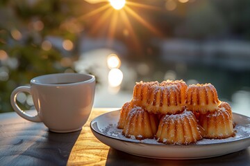 small caneles with caramel on a white plate with cup of coffee nearby on table against the backdrop of the French, summer sunset. French traditional dessert. Concept restaurant menu, culinary blog.