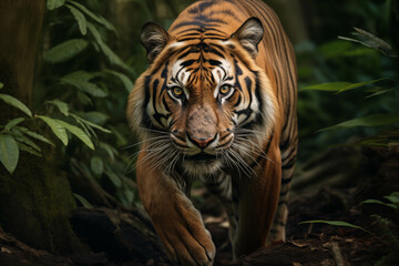 Close-up of a large tiger emerging from the middle of the forest.