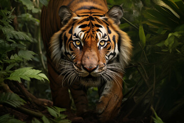 Fototapeta premium Close-up of a large tiger emerging from the middle of the forest.