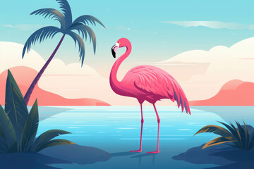 Fototapeta premium Beach summer holiday concept.Pink flamingo on beautiful sea background Illustration