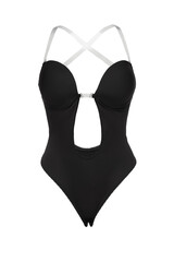 Close-up shot of a sexy black bodysuit. Women's lingerie is isolated on a white background. Front view.
