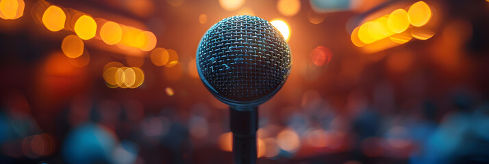  Microphone Stands Sharp Against a Blurred,
A microphone for a news conference speaker report interview or broadcasting a public speech stage performance or presentation - obrazy, fototapety, plakaty
