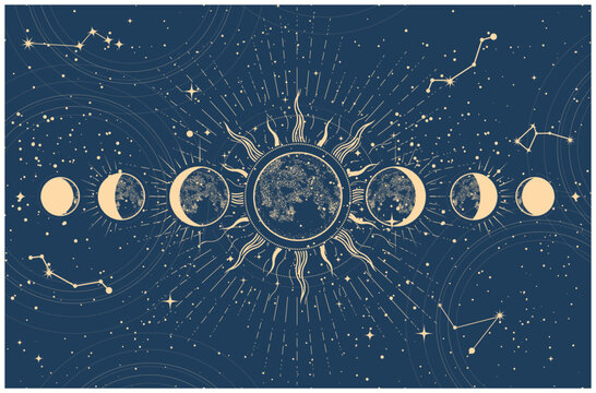 Lunar phases and moon eclipse, mystical moon in space, astrology and horoscope background, oneiromancy, vector
