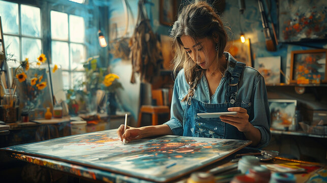 Visualize a creative studio space where an artist uses a tablet and stylus to bring digital illustrations to life, the vibrant colors and intricate details adding depth and dimensi
