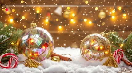 Christmas ornaments with fir branches and candy canes on snow