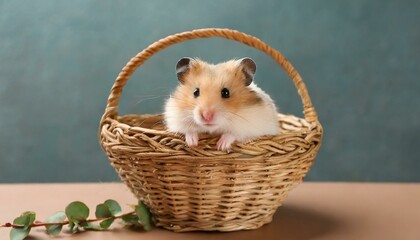 Adorable hamster in wicker basket on wooden table.