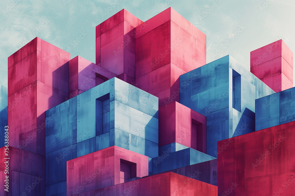 Poster abstract geometric background of pink and blue cubes with ample copy space, suitable for creative de