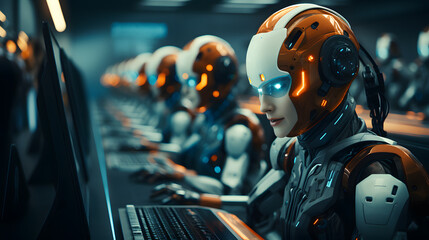 Robots working at a computer in a call center - obrazy, fototapety, plakaty