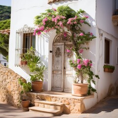 Fototapeta na wymiar A beautiful Mediterranean house with a bougainvillea-covered entrance