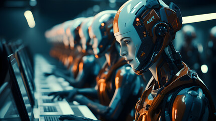 Robots working at a computer in a call center - obrazy, fototapety, plakaty