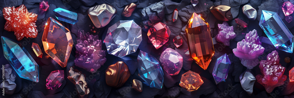 Poster array of colorful assorted gemstones and crystals on a dark textured background with space for text,