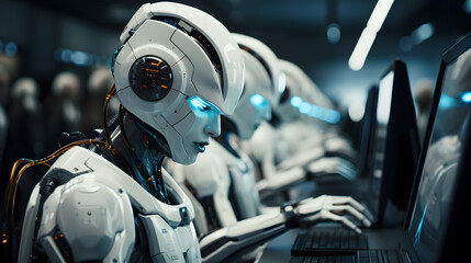 Fototapeta premium Robots working at a computer in a call center