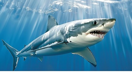 Fototapeta premium Majestic blue shark in vibrant underwater wildlife, swimming in its natural ocean habitat scene