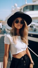 Blonde woman in a black hat and sunglasses posing on a boat