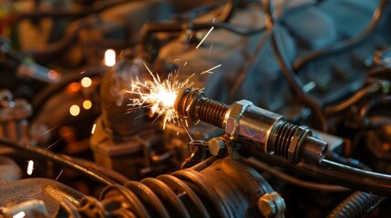 The mechanic quickly replaced the worn spark plug in the car's engine, checking all other parts for maintenance and ensuring the metal coil was intact. - obrazy, fototapety, plakaty